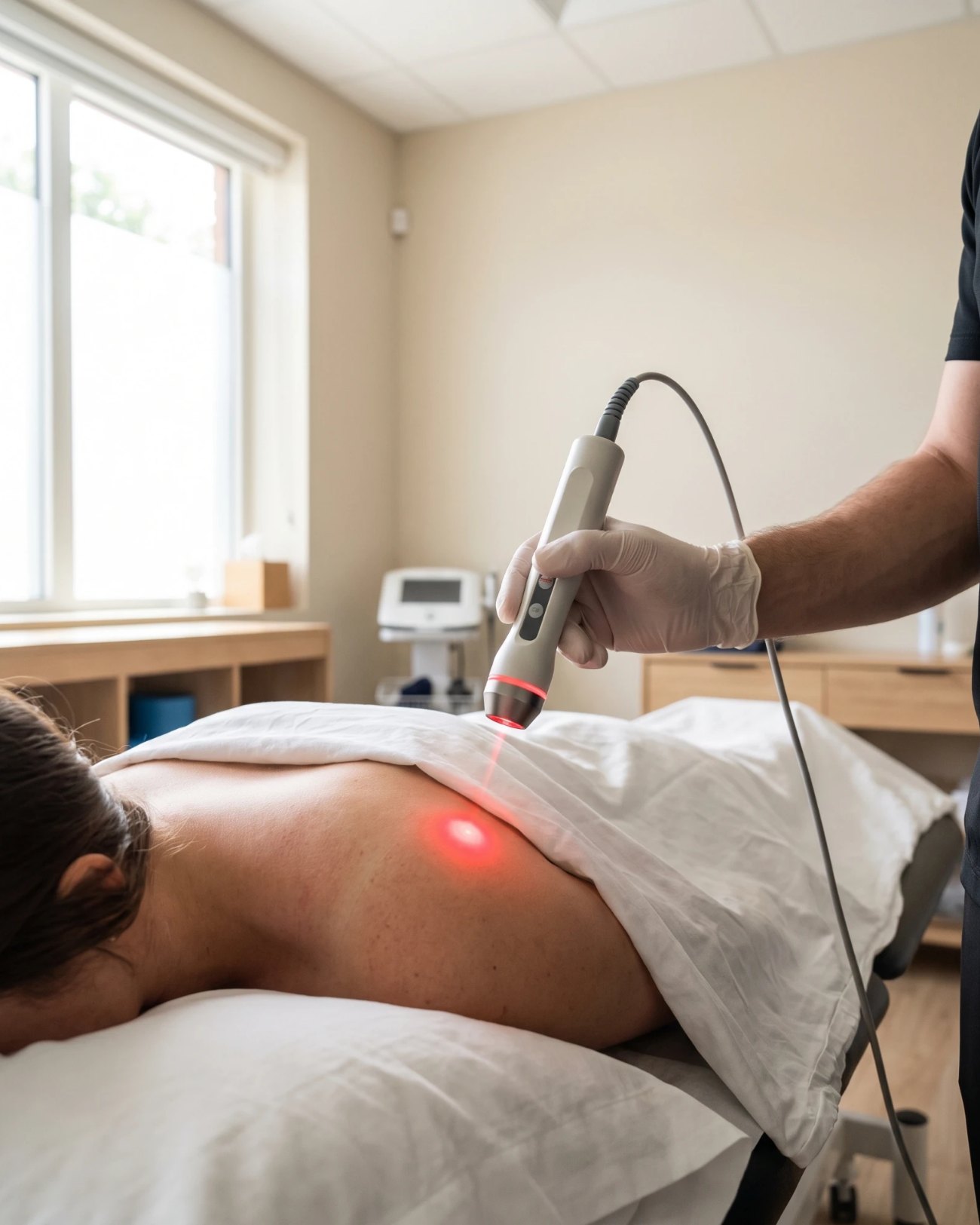 Anwendung des Therapielasers an der Schulter in der Praxis Integrative Osteopathie Lahr