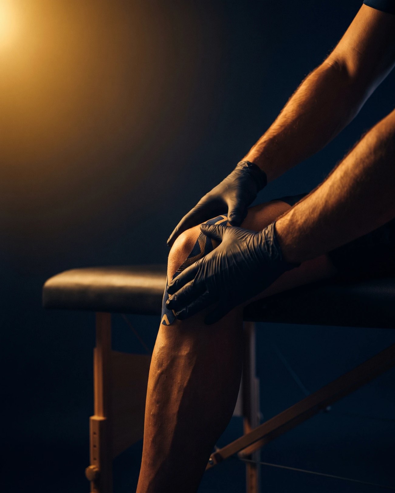Behandlung eines Sportlerknies mit Kinesiologie-Tape in der Praxis Integrative Osteopathie Lahr