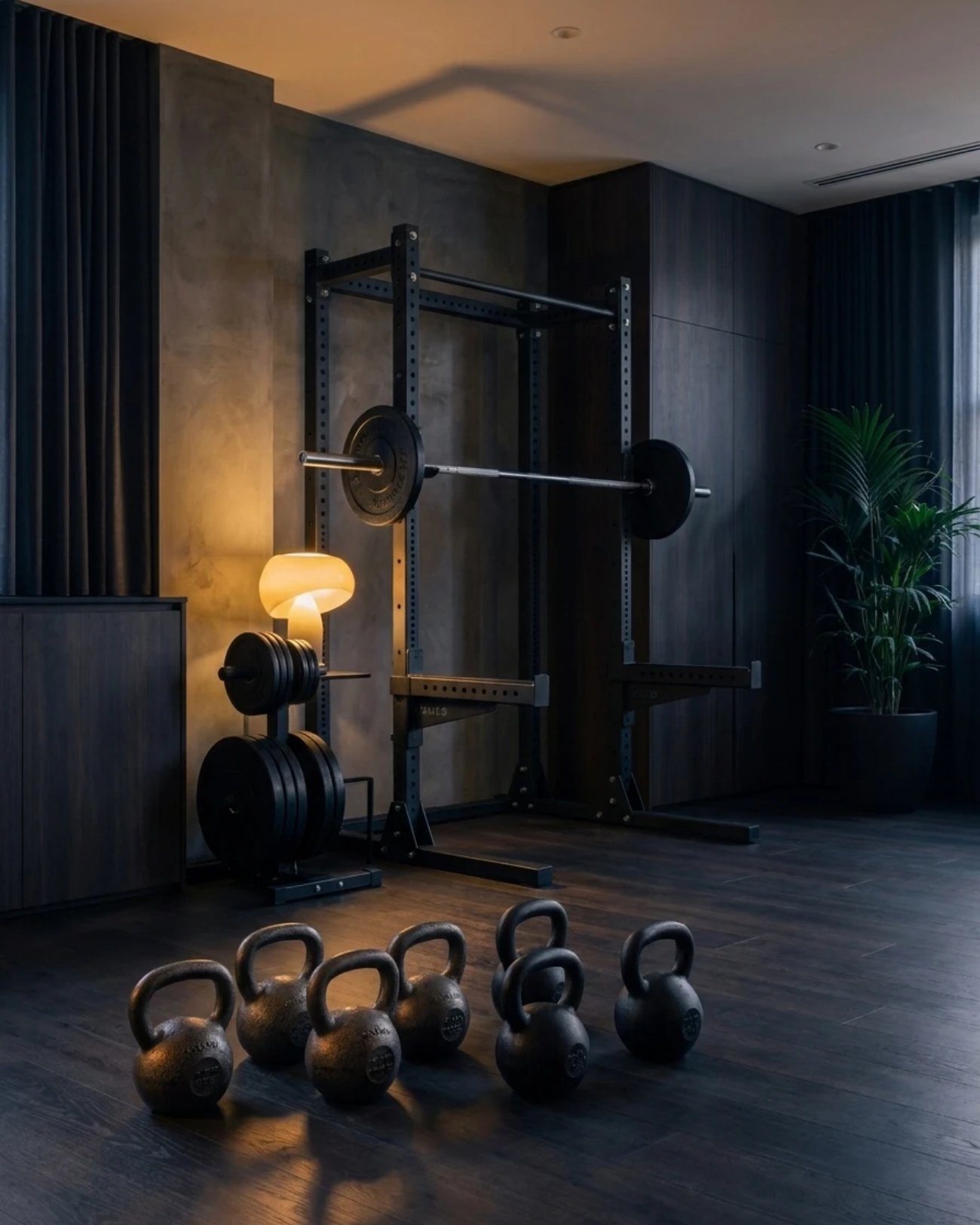 Trainingsbereich mit Langhantel und Kettlebells für die Trainingstherapie nach einer Behandlung