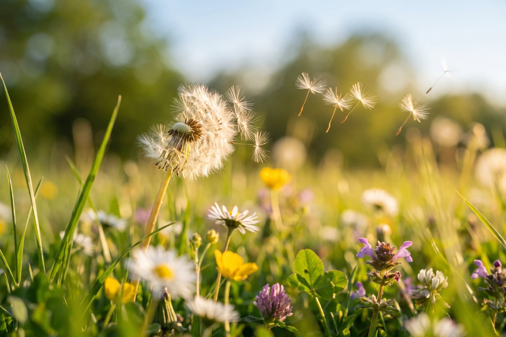 Pusteblume auf einer blühenden Sommerwiese, deren Samen im Gegenlicht davonfliegen
